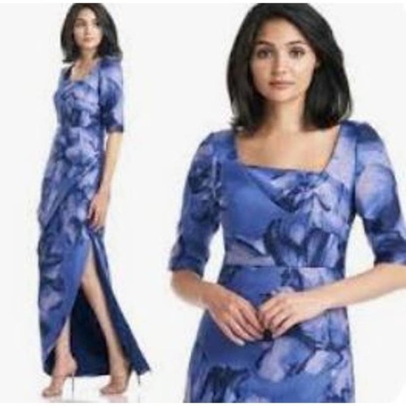 Kay Unger Dresses & Skirts - Kay Unger Dress Octavia Pleated Column Maxi Gown Blue Lavender Floral Size 8 New